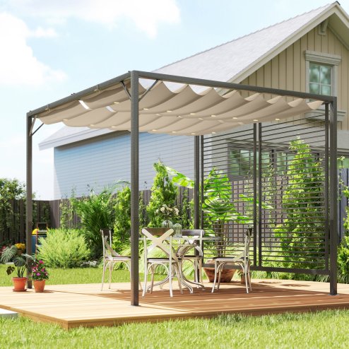 Outsunny 2.8 x 3(m) Metal Outdoor Pergola with Retractable Roof, Outdoor Gazebo Canopy Shelter with Grommet Holes for Garden, Patio, Lawn, Beige
