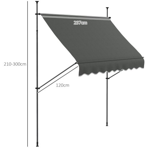 Outsunny 2.5 x 1.2m Free Standing Retractable Awning, Non-Screw Patio Sun Shade Shelter with Support Pole Stand and UV Resistant Fabric, for Window, Door, Porch, Deck, Dark Grey