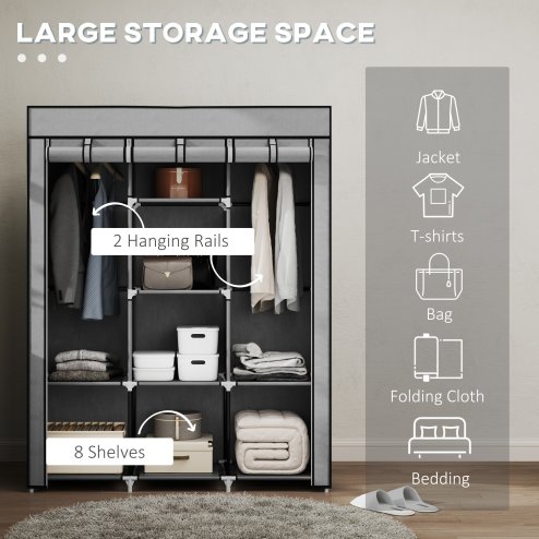HOMCOM Fabric Wardrobe, Portable Wardrobe, Clothes Storage Unit with 8 Shelves, 2 Hanging Rods, 125 x 43 x 162.5 cm, Light Grey