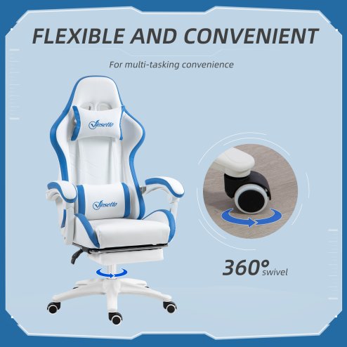 Vinsetto Computer Gaming Chair, PU Leather Office Desk Chair with Footrest, Swivel Wheels, 135?? Reclining Back, Lumbar Support, Headrest for Home, White and Blue
