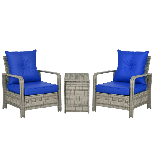 Outsunny 3 Pieces Rattan Bistro Set, Wicker Garden Furniture Set with Storage Coffee Table and Chairs, Thickened Cushions for Outdoor, Patio, Balcony, Blue