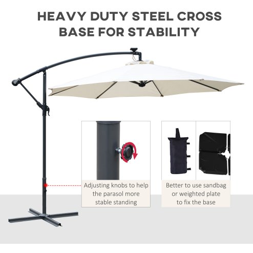 Outsunny 3(m) Banana Cantilever Parasol with Solar LED Lights, Garden Umbrella with Cross Base and Crank Handle, Hanging Offset Sun Shade for Outdoor, Patio, Cream White
