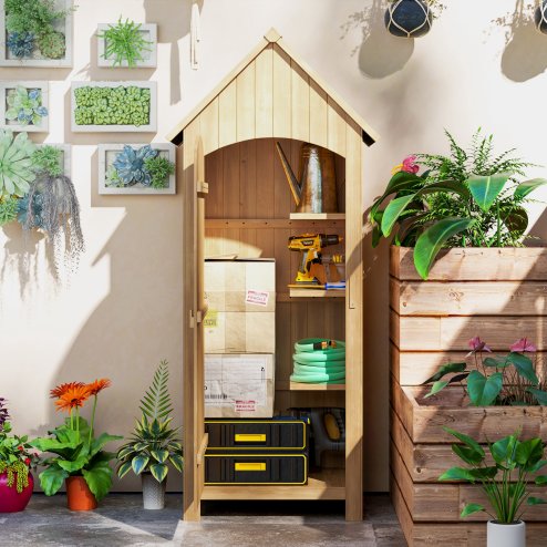 Outsunny Small Shed, Wooden Garden Storage Shed with 3 Shelves, Outdoor Tool Storage Cabinet with Tilt Roof and Lockable Door, 77.5 x 54.2 x 179.5 cm, Natural