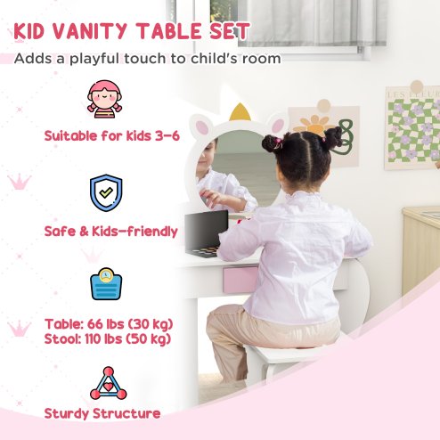 ZONEKIZ Kids Dressing Table Kids Vanity Table Girls Dressing Table with Mirror and Stool, Drawer, Storage Boxes, Unicorn Design, for Toddles Ages 3-6 Years - White and Pink