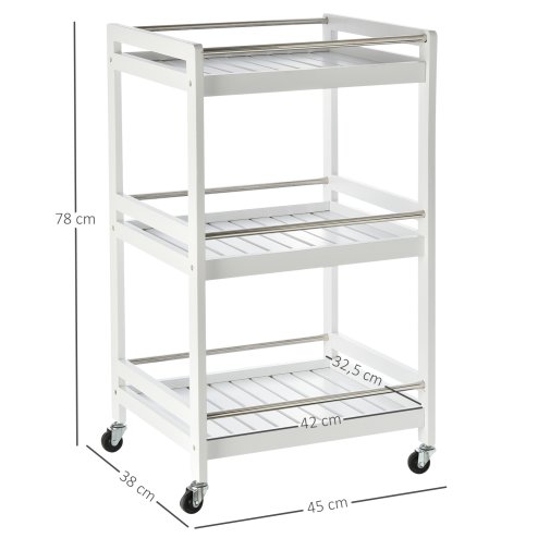 HOMCOM 3-Tier Home Trolley Kitchen Storage Cart w/ Steel Bars 4 Universal Wheels Rolling Unit Organiser Living Room White