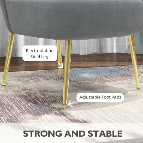 HOMCOM Armless Accent Chair, Upholstered Velvet Lounge Chair with Gold Tone Steel Legs for Bedroom, Living Room, Grey