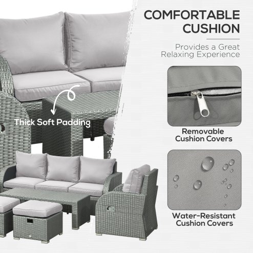 Outsunny Rattan Garden Furniture 7 Seater Sofa & Coffee Table Footstool Set Outdoor Patio Wicker Weave Reclining Chair Space-saving - Light Grey