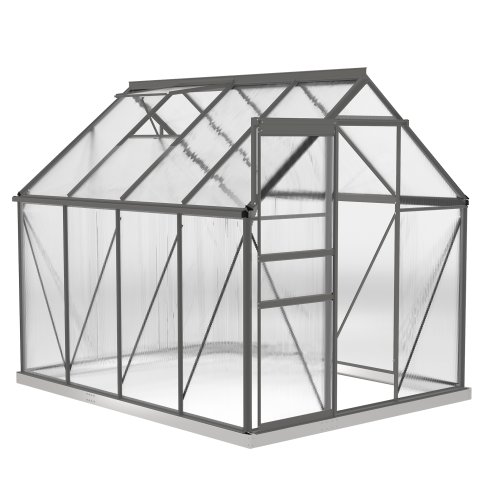 Outsunny 6 x 8ft Polycarbonate Greenhouse, Large Walk-In Greenhouse with Adjustable Roof Vent, Garden Green House with Galvanised Base, Sliding Door and Rain Gutter, Dark Grey