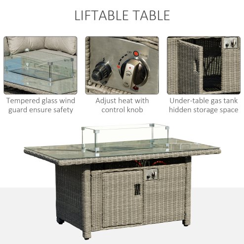 Outsunny Rattan Garden Furniture with Fire Pit and Waterproof Cover, 8 Seater Garden Corner Sofa Set with 11.8 KW Fire Pit Table, Ottomans and Olefin Cushions, Outdoor Conservatory Furniture, Grey