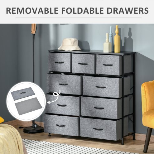 HOMCOM 9 Drawers Storage Chest Dresser Organizer Unit w/ Steel Frame, Wood Top, Easy Pull Fabric Bins, for Bedroom, Hallway, Entryway, Black & Grey