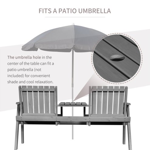 Outsunny 2-Seater Wooden Garden Bench, Antique Loveseat Chair with Table & Parasol Hole, Outdoor Bench for Porch, Patio, Grey