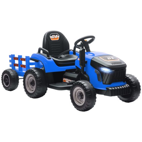 AIYAPLAY Ride on Tractor with Trailer, 12V Electric Vehicle with Remote Control, Ride on Car for Kids with Music, Shifter, Start-Up Sound for Ages 3-8 Years, Blue Image