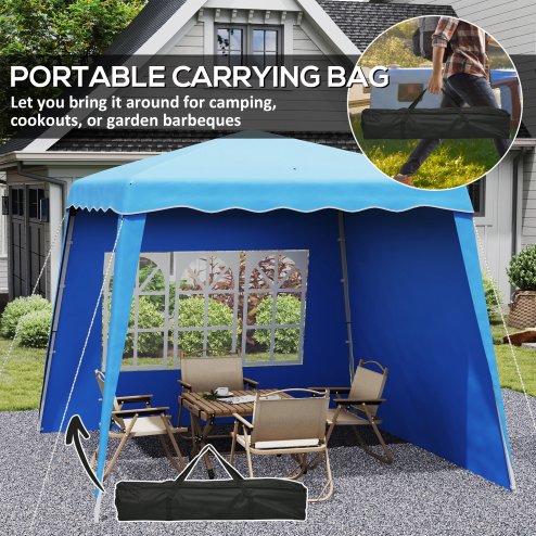 Outsunny 2.4 x 2.4m Pop Up Gazebo Canopy Tent with 2 Sidewalls and Carry Bag, Height Adjustable, UV50+ Party Tent Event Shelter for Garden, Patio, Blue