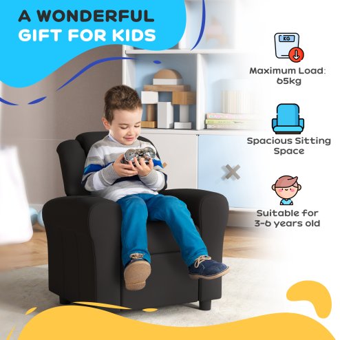 HOMCOM Kids Recliner, PU Leather Kids Armchair, Child Chair, Toddler Armchair with Adjustable Backrest, Footrest, Padded Headrest, Cup Holder, Black