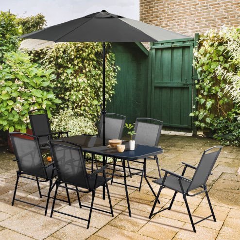 Outsunny 8 Pieces Metal Garden Furniture Set with Parasol and Folding Chairs, Garden Dining Set, 6 Seater Outdoor Table and Chairs with Tempered Glass Top, Black