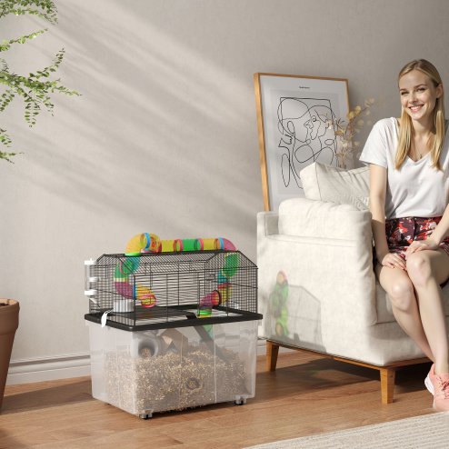 PawHut Hamster Cage, 2 Tier Gerbil Cage with 31cm Deep Tray, Tube System, Water Bottle, Ramp, Feeding Bowl, 58 x 43 x 57cm, Multicoloured