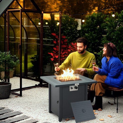 Outsunny Square Propane Gas Fire Pit Table, 40000 BTU Rattan Smokeless Firepit Patio Heater with Lava Rocks and Lid, 71cm x 71cm x 62cm, Dark Grey