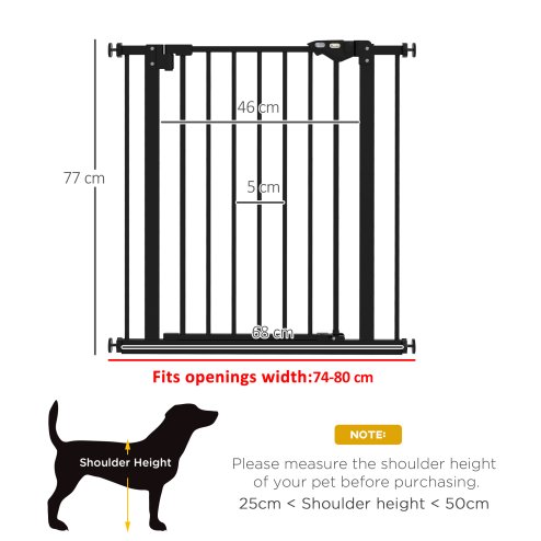 PawHut Dog Gate Stair Gate Pressure Fit Pets Barrier Auto Close for Doorway Hallway, 74-80cm Wide Adjustable, Black