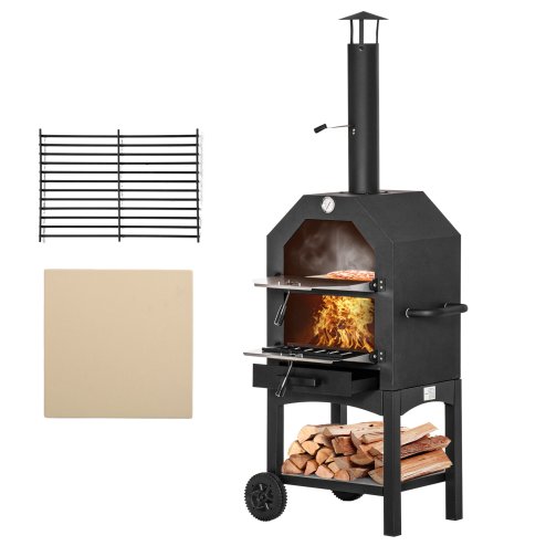Outsunny Outdoor Garden Pizza Oven Charcoal BBQ Grill 3-Tier Freestanding w/ Chimney, Mesh Shelf, Thermometer Handles, Wheels Garden Party Gathering Stainless Steel Cooker Image