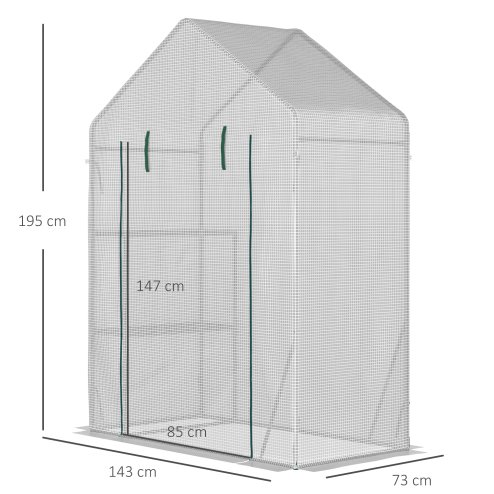 Outsunny Walk In Greenhouse with 2 Tier Shelf, Portable Gardening Plant Grow House Tomato Greenhouse with Roll up Zip Panel Door, Reinforced PE Cover, 143 x 73 x 195cm, Green