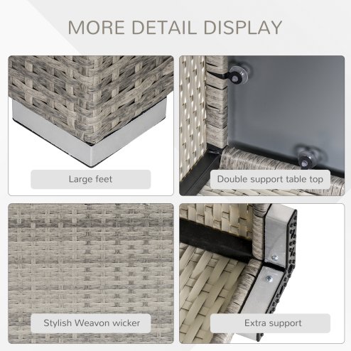 Outsunny Rattan Garden Coffee Table, 65 cm Square Garden Rattan Table with Tempered Glass Top, All-Weather Wicker Bistro Outdoor Furniture for Patio, Balcony, Porc, Grey