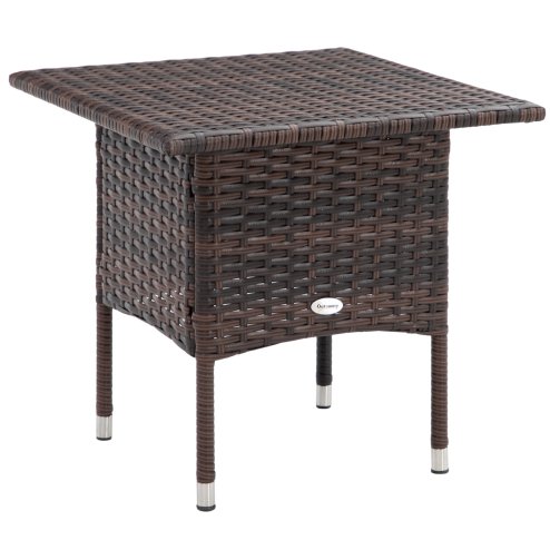 Outsunny Rattan Side Table, Outdoor Coffee Table with Plastic Board Under the Full Woven Table Top for Patio, Garden, Balcony, Mixed Brown