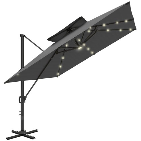 Outsunny 3.5x3 m Garden Cantilever Parasol with Solar LED Lights and Centre Light, UPF50+ Aluminium Patio Umbrella with 360 Rotation and Tilt, Hanging Sun Shade with Cross Base, Crank Handle, Black