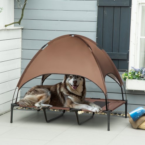 PawHut Raised Dog Bed Waterproof Elevated Pet Cot with Breathable Mesh UV Protection Canopy Brown, for XL Dogs, 122 x 92 x 108cm Image