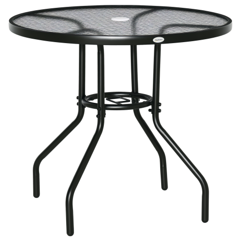 Outsunny 80 cm Round Dining Table with Parasol Hole, Outdoor Coffee End Side Table with Tempered Glass Top, Steel Frame for Garden, Black