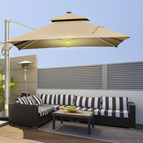 Outsunny 3 x 3(m) Cantilever Roma Parasol Garden Sun Umbrella, Two-tier 250g Polyester Sun Shade with LED Solar Light, Aluminium Frame, Cross Base 360 Degrees Rotating Khaki