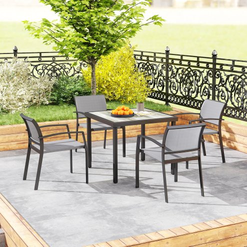 Outsunny 4 Seater Garden Dining Set, 5 Piece Garden Furniture Set with 4 Stackable Armchairs, Outdoor Table and Chairs with Easy Clean Top, Steel Frame, Texteline Seat, for Terrace, Balcony, Grey