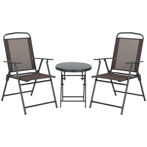 Outsunny Garden Bistro Set, 3 Pieces Table and Chairs Set, Outdoor Garden Furniture with Foldable Breathable Mesh Fabric Armchairs & Glass Top Coffee Table, Brown