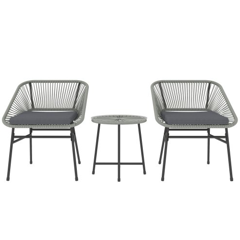Outsunny 3 Pieces Rattan Bistro Set, Wicker Small Garden Table and Chairs Set with Cushions and Glass Top Coffee Table, Bistro Garden Furniture Set for Outdoor, Patio, Balcony, Light Grey