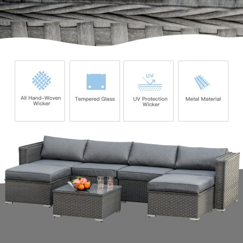 Outsunny 5 Pieces Rattan Garden Furniture Set, Wide & Deep Garden Sofa with Thickened Cushions, Outdoor Furniture Conservatory Set with Loveseats, Footstools and Glass Top Table for Patio, Grey
