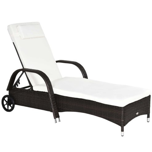 Outsunny Rattan Sun Lounger, Garden Lounger Recliner with Wheels and Adjustable Backrest, Outdoor Reclining Sunbed Garden Chair with Cushion and Headrest for Patio, Beach, Terrace, Brown