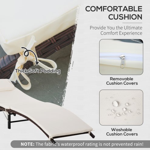 Outsunny Folding Rattan Sun Lounger, Wicker Garden Lounger with Cushion and Pillow, Outdoor Sunbed with Steel Frame for Patio, Beach, Terrace, Cream White