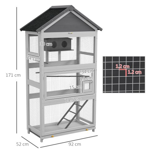 PawHut Wooden Bird Cage Budgie cage, Bird Aviary Outdoor Birdhouse for Finches, Parakeets - Grey