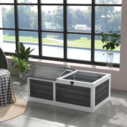 PawHut Wooden Tortoise House, Tortoise Table with Hide Shelter Run, Openable Top, Tray, Dark Grey Image