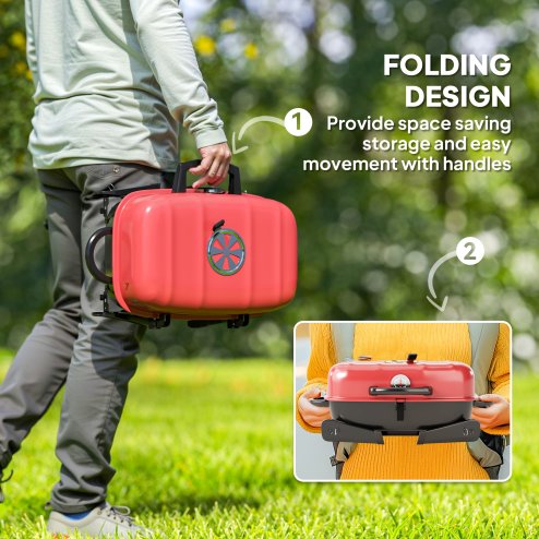 Outsunny Charcoal Barbecue Grill Folding BBQ Grill with 1232 cm? Cooking Area, Adjustable Vent, Thermometer, Handles for Camping Picnic, Red