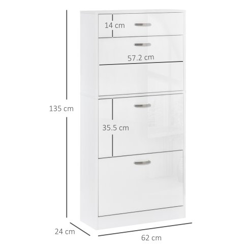 HOMCOM Shoe Cabinet with 3 Flip Drawers, High Gloss Shoe Storage Cabinet with Top Drawer and Adjustable Shelves, Shoe Cupboard for 18 Pairs