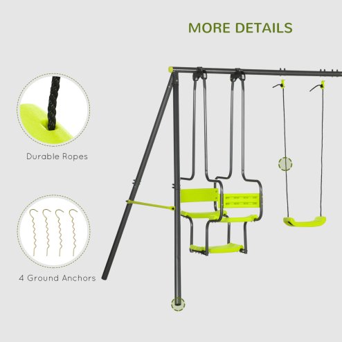 Outsunny Garden Swing Set, Kids Swing with Double Swings, Glider, Swing Seats, for Outdoor, Playground, for Ages 3-8 Years - Green