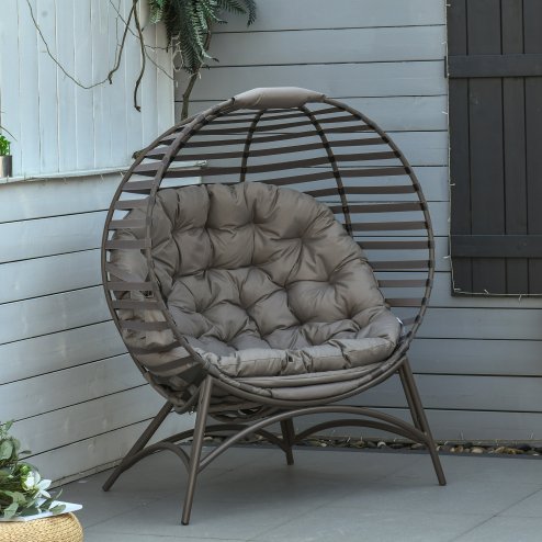 Outsunny Egg Chair with Soft Cushion, Outdoor Lounge Chair with Steel Frame and Side Pocket, Garden Leisure Seat for Indoor, Outdoor, Brown