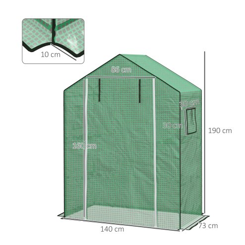 Outsunny Walk-in Greenhouse Cover Replacement with Roll-up Door and Mesh Windows, Reinforced PE Hot House Cover, COVER ONLY, 140 x 73 x 190cm, Green