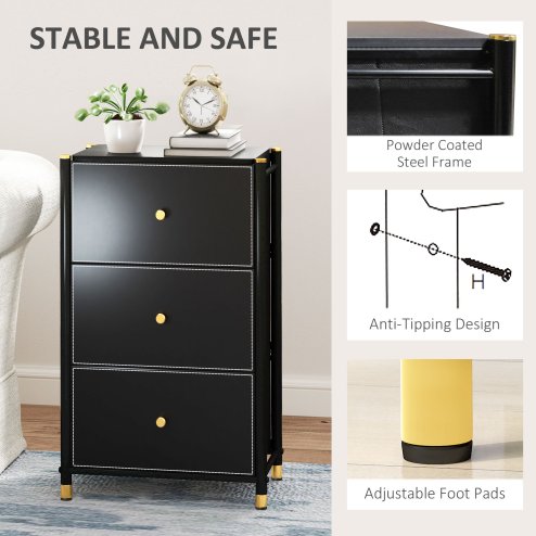 HOMCOM Chest of Drawers, 3 Drawer Fabric Dresser with PU Leather Surface, Steel Frame, Storage Organizer Unit for Bedroom, Living Room, Hallway, Closet, Easy to Assemble, Black