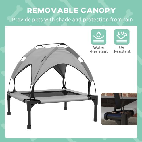 PawHut Cooling Raised Dog Bed, Elevated Pet Bed with Breathable Mesh, UV Protection Canopy, Foot Pads, for Indoor Outdoor, Small, Medium Dogs, 76 x 61 x 69.5cm - Light Grey