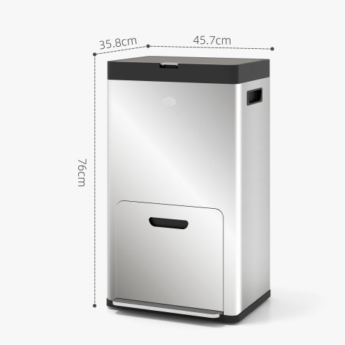 HOMCOM Kitchen Bin, 2 x 18L and 20L Volumes, Stainless Steel 3 Compartment Bin with Wheels, Soft Close Lid, Removable Inner Buckets, Fingerprint-Proof for Recycling and Waste, Silver Tone