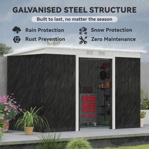 Outsunny 9ft x 4ft Metal Garden Shed, Outdoor Tool House with Foundation Kit, Ventilations and Double Doors, Dark Grey