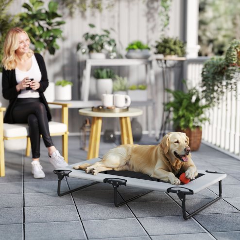 PawHut Raised Dog Bed, Portable Elevated Pet Cot with Breathable Mesh for Indoor Outdoor, for Large Dogs, 107 x 61 x 20 cm, Light Grey Image