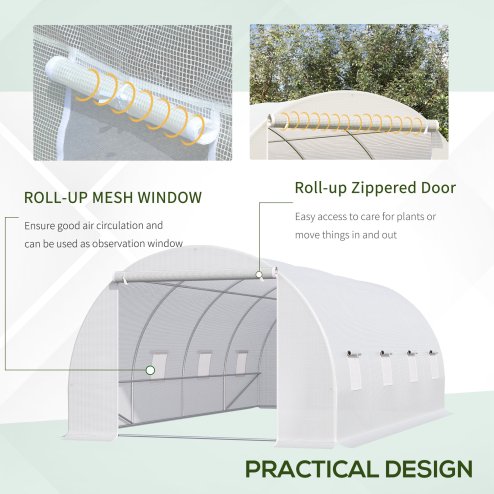 Outsunny 6 x 3 x 2 m Polytunnel Greenhouse with Metal Frame, Zippered Door and 8 Windows, Walk in Polytunnel Tent for Garden and Backyard, White
