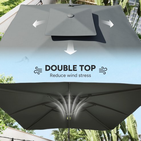 Outsunny 3 x 3 m Cantilever Parasol with Hydraulic Opening, Heavy Duty Aluminium Hanging Garden Parasol, Double Top Square Patio Umbrella with 360° Rotation, 8 Ribs, Cross Base, Grey